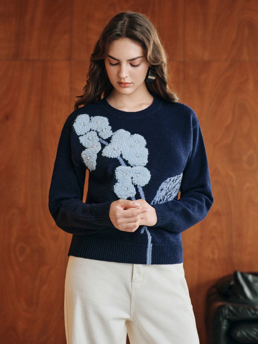 Anewsta Women's Knitted Pullover Jacquard Floral Embroidered Beaded Sweater Top - Navy Blue - View 1