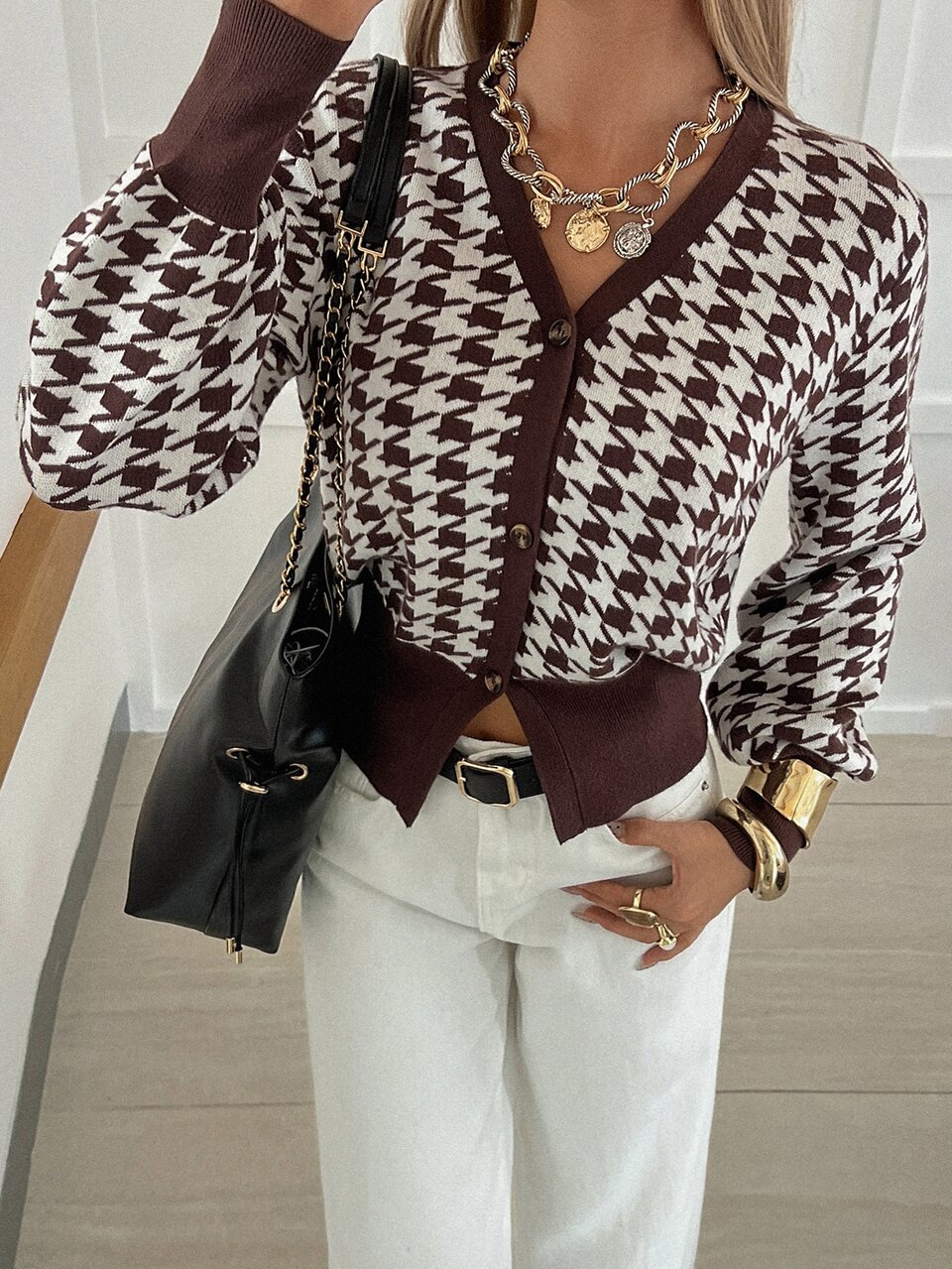 Women's Autumn/Winter Brown & White Houndstooth V-Neck Loose Contrast Color Casual Retro Commuter Office Streetwear Knit Cardigan