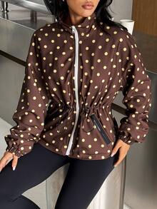 Muchica Women's Polka Dot Drawstring Stand Collar Zip Up Sports Jacket Gym Jacket Workout Jacket Running Jacket Sportswear Activewear Windbreaker Fall - Brown - View 2