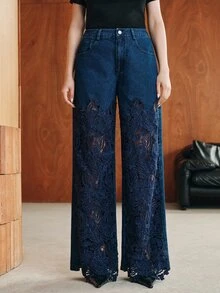 Anewsta Fashionable Modern Dark Wash Denim Jeans With Patchwork Lace Design, Casual Commute Style For Women, Autumn - Dark Wash - View 4