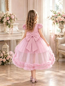 SHEIN Glamorique Kids 女童聖誕老人禮服，新年派對穿搭，鋼琴演奏表演用薄紗蝴蝶結露背荷葉邊公主長裙，派對穿著皇家藍女童洋裝 - 藕粉色 - 查看 2