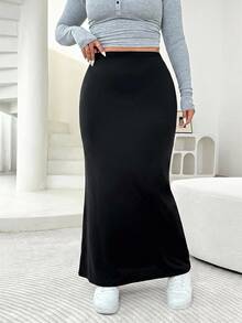Solflare Rok Panjang Kasual Wanita Ukuran Besar Warna Polos dengan Pinggang Elastis - Hitam - View 5
