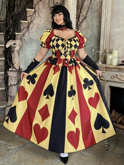 Lyrianda Gaun Cosplay Ratu Badut Vintage Abad Pertengahan Elegan Ukuran Plus, Leher Bentuk Hati dengan Ikat Pinggang, Gaun Putri Ekstra Panjang Bervolume Garis A, Lengan Pendek Mengembang, Warna Kontras Hitam dan Merah, Gaun Wanita Ukuran Plus untuk Semua Musim Halloween