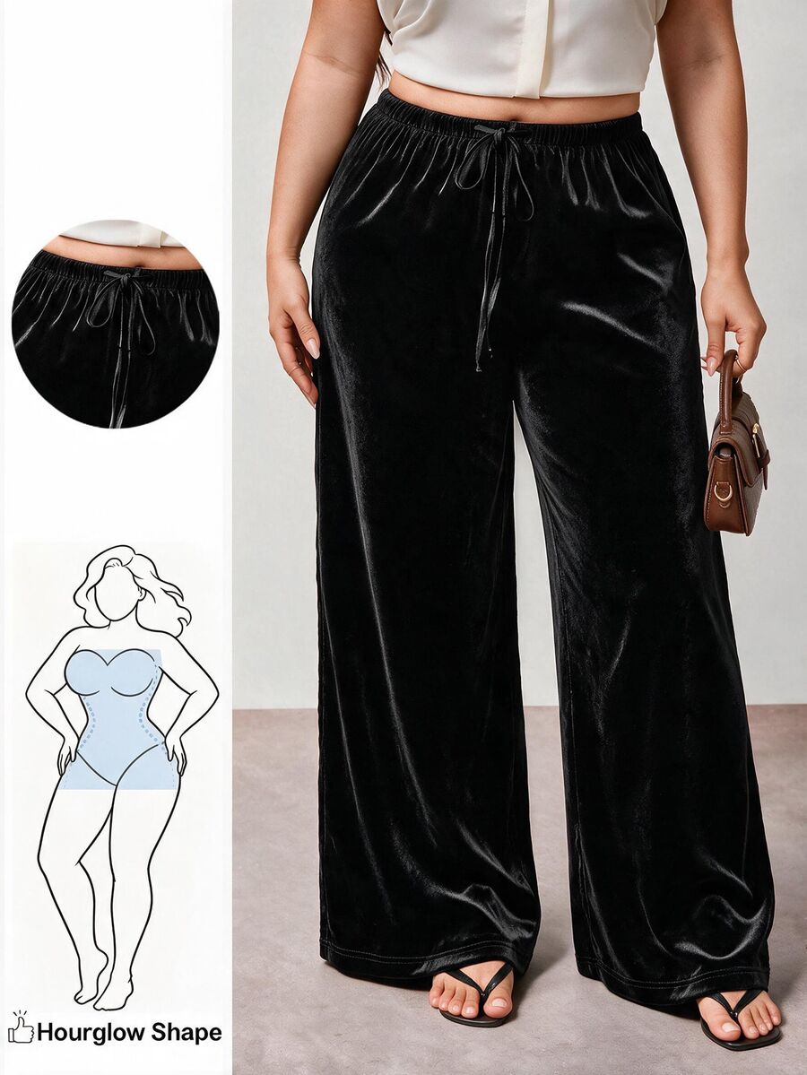 Hourglow Plus Size Anti-Wrinkle Satin Valentine's Day Straight Leg Loose Fit Pants - Black - View 1