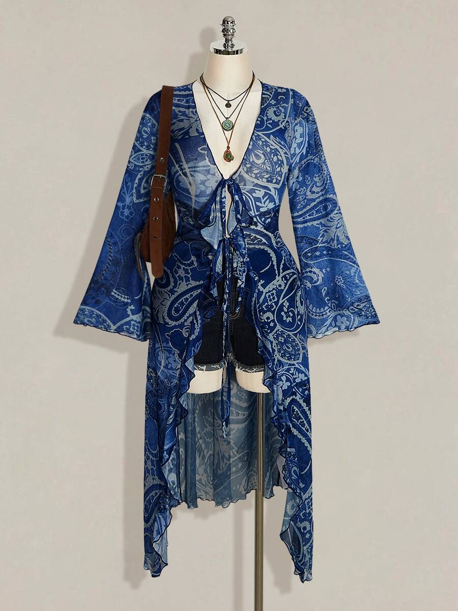 SHEIN ICON 大尺碼女款V領滿版印花休閒日常穿著上衣 - 寶藍色 - 查看 1