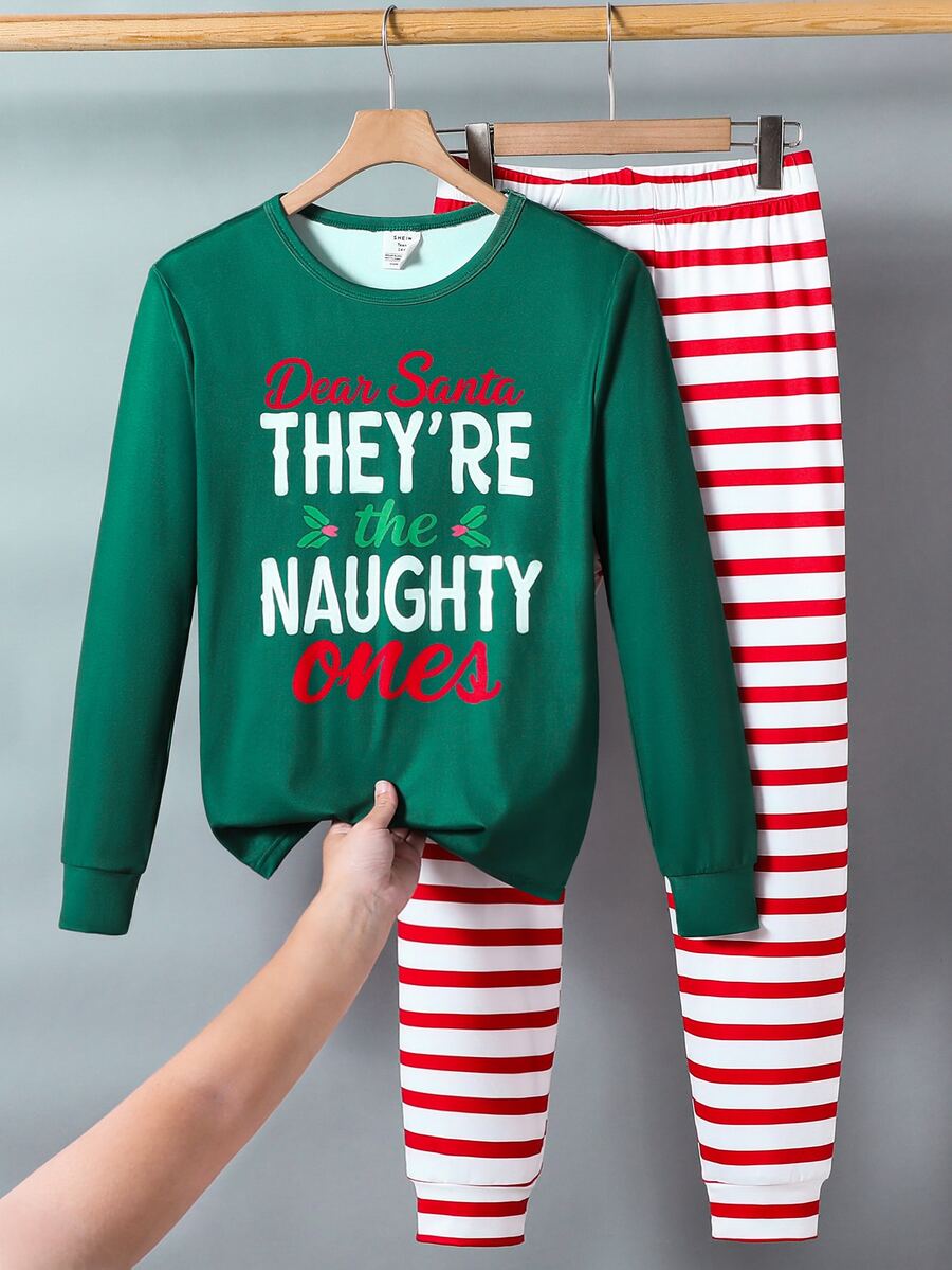 SHEIN 2pcs/Set Teen Boy/Teen Boys Casual Christmas Theme Letter Print Slim Fit Long Pajama Set, Perfect For Autumn/Winter Back To School Season - Multicolor - View 1