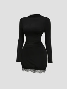 Sweetra Women's Solid Color Long Sleeve Round Neck Fitted Lace Shorts Dress - Black - View 1