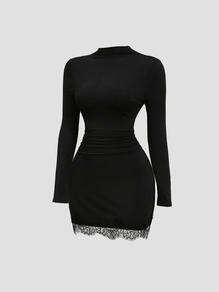Sweetra Women's Solid Color Long Sleeve Round Neck Fitted Lace Shorts Dress - Black - View 1