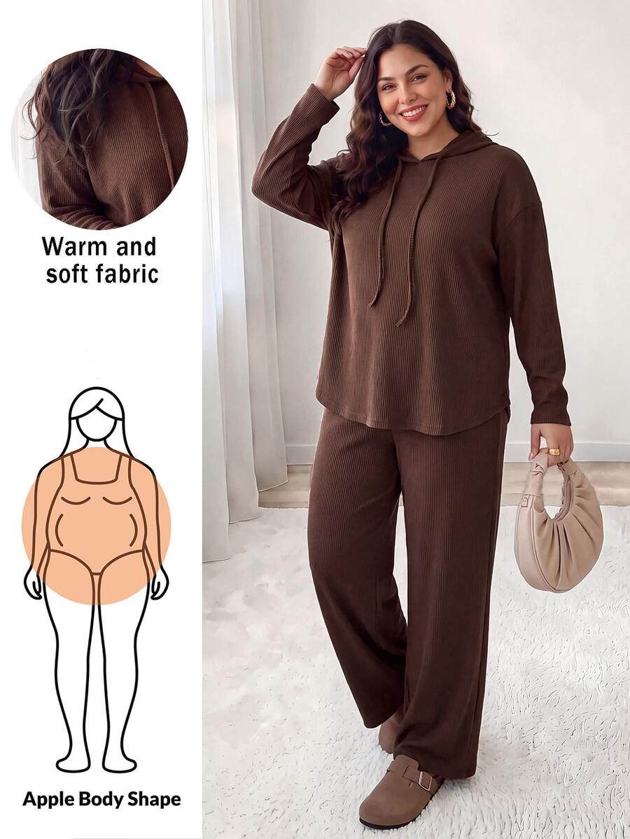 Shapeblank Women's Plus-Size Brown Two Pieces Set: Stylish, Casual Lounge Baggy, Loose-Fit, Stretchy, Warm, Comfortable Hoodie Pants Summer Thanksgiving Formal