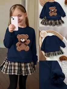 SHEIN LMoss Kids 少女復古時尚百搭休閒日常穿搭，適合秋季冬季，適用於外出與校園 - 寶藍色 - 查看 1