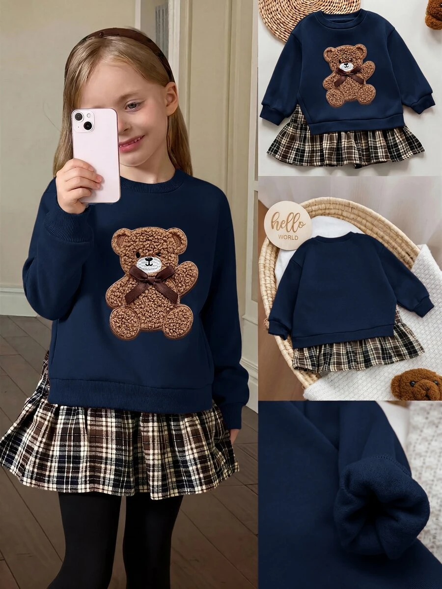 SHEIN LMoss Kids 少女復古時尚百搭休閒日常穿搭,適合秋季冬季,適用於外出與校園 - 寶藍色 - 查看 1