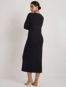 Ocili Studio Women's V-Neck Long Sleeve Button-Front Solid Color Loungewear Dress - Black - View 2