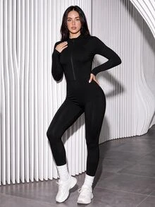 Slayform Slayform Women's Spring/Autumn Black Zipper Long Sleeve Slim Fit Sports Jumpsuit - Black - View 4
