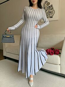 Feyla Women's Round Neck Long Sleeve Cinched Waist Striped Sweater Dress - Multicolor - View 3