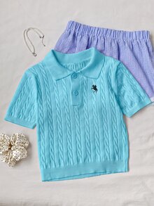 Comfortcana 女款時尚鈕扣設計刺繡短袖針織上衣 - 水鴨藍 - 查看 3