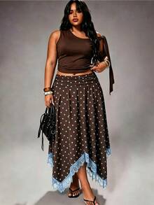 Rustia Korean Style Hot Girl Polka Dot Lace Patchwork High Waist Flared Skirt - Coffee Brown - View 4