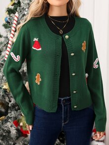 SHEIN Clasi 女款綠色聖誕圖案鈕扣前襟長袖圓領可愛針織開襟衫 - 綠色 - 查看 1