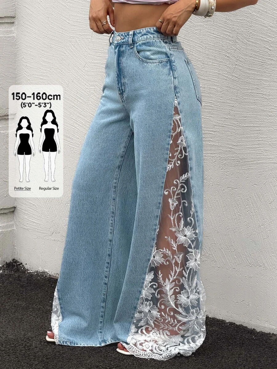 Rivivi Petite Women's Contrast Lace Pocket Button Wide Leg Jeans - Light Wash - View 1