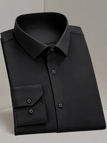 Manfinity Mode Men's Slim Fit Long-Sleeve Shirt, Solid Black Button-Down Dress Shirt, Business Style - Black - View 4