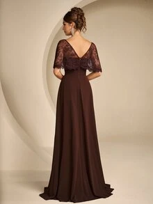 Coutiva Women's Lace Patchwork Elegant Waist-Cinching Formal Prom Graduation Evening Gown Dress Brown Fall - Coffee Brown - View 9