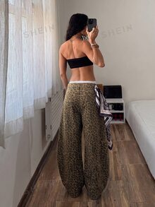 SHEIN Tall 高個子迷彩印花低腰水洗牛仔寬腿褲 - 彩色 - 查看 2