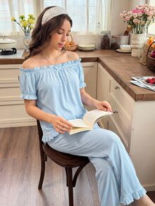 Snug Reverie Fresh Light Blue Off-Shoulder Cold Shoulder Ruffle Short Sleeve Long Pants Women's Pajama Set - Blue - View 3