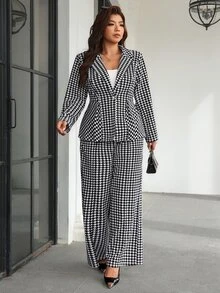 Chikora Plus Size Women's Houndstooth Lapel Neck Long Sleeve Jacket And Wide Leg Pants Elegant Suit Set - Blue - View 1