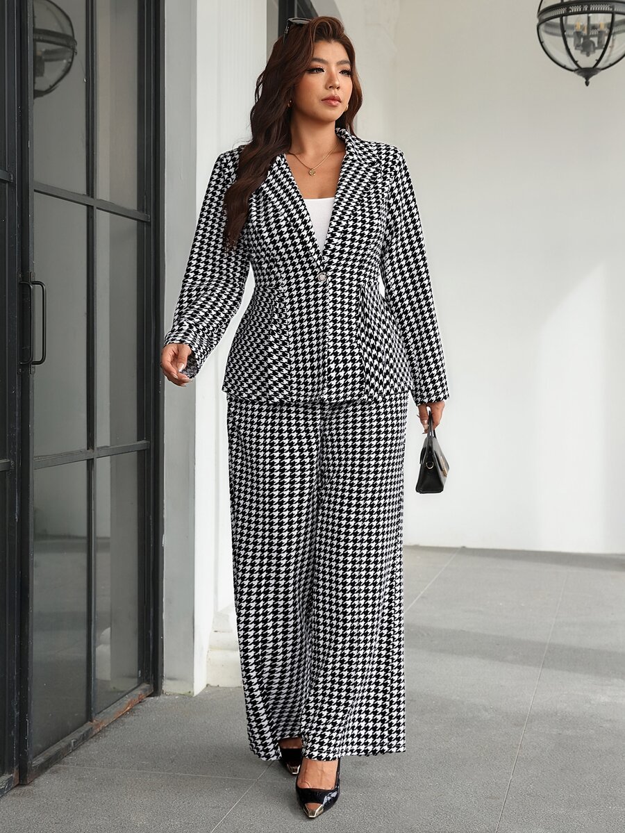 Chikora Plus Size Women's Houndstooth Lapel Neck Long Sleeve Jacket And Wide Leg Pants Elegant Suit Set - Blue - View 1