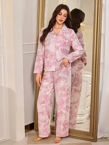LuxeNights Minimalist Comfortable Long Sleeve Lapel Pajama Set, Vintage Artistic Print Loungewear 2 Pieces Set - Pink - View 6