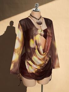 SHEIN ICON 大尺碼 Y2K 性感魅力復古套裝，復古豹紋花卉網紗，抹胸上衣、抽繩裙、罩衫 3 件組，海灘俱樂部，秋季棕色 - 棕色 - 查看 7
