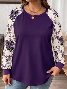Comfylo 秋冬新款教師節感恩節紫色花卉印花大尺碼女款休閒落肩袖圓領寬鬆版型T恤，適合春秋穿著 - 紫色 - 查看 3