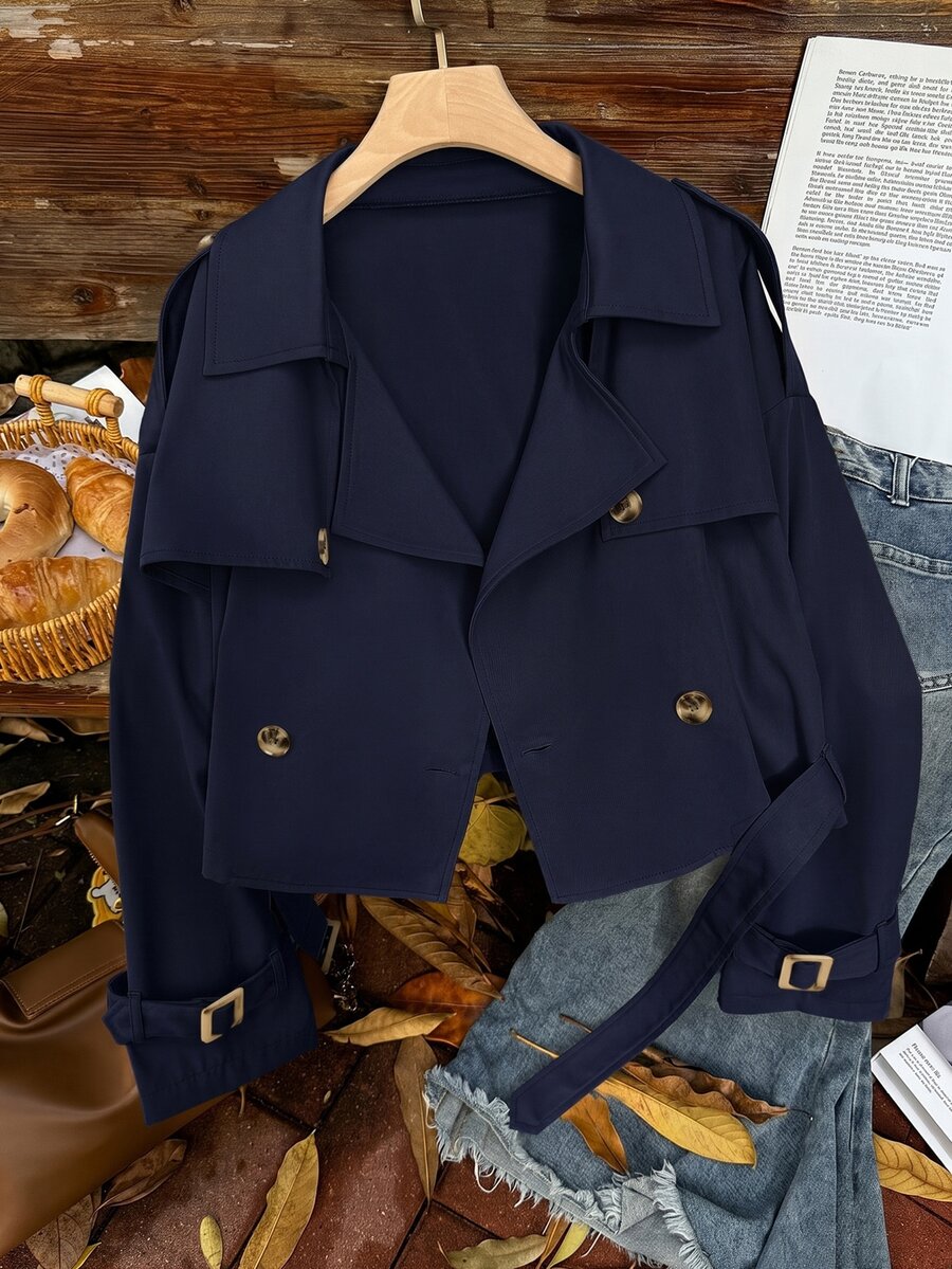 Comfortcana Plus Size Cropped Black Vintage Lapel Trench Jacket Fall - Navy Blue - View 1