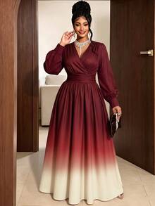 Maweii Gaun Plus Ombre Leher Surplice Lengan Lentera Musim Gugur - Merah - View 6