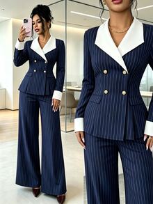 Elenzga Vertical Striped Print Double Breasted Blazer & Wide Leg Pants Suit Set - Navy Blue - View 1