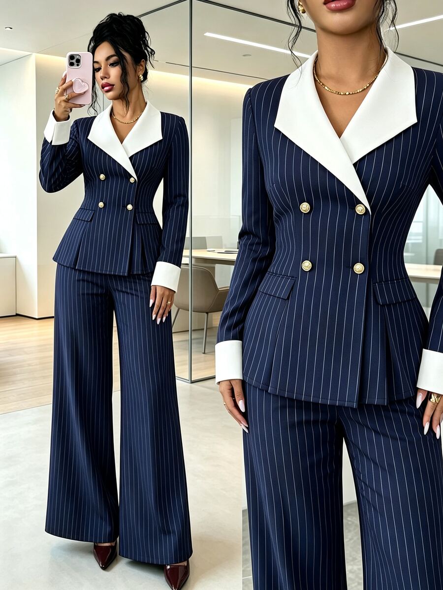 Elenzga Vertical Striped Print Double Breasted Blazer & Wide Leg Pants Suit Set - Navy Blue - View 1