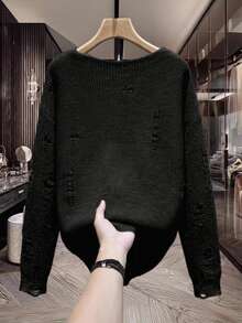 Manfinity CasualKnits 男士純色圓領落肩長袖做舊休閒毛衣，男孩秋冬日常新款 - 黑色 - 查看 2