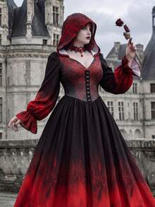 Whyspr Plus Size Long Sleeve Vintage Gothic Hooded Halloween Dress - Multicolor - View 5