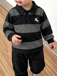 SHEIN Explorewe 男童條紋撞色學院領針織休閒寬鬆復古美式長袖 Polo 衫，適合校園與日常穿著 - 黑色 - 查看 1