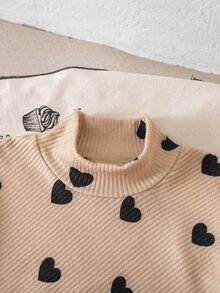 SHEIN Elladie kids 女童休閒兩件式T恤與長褲套裝，春秋冬季適用，不對稱套頭高領深棕色針織羅紋刷毛布料，極地抓絨袖子拼接長袖上衣，極地抓絨袖口拼接休閒喇叭褲，適合返校、日常穿著、學校、外出、旅行與派對 - 卡其色 - 查看 3