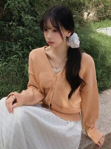 DAZY Women's Solid Color Loose Long Sleeve V-Neck Casual Vacation Korean Style Autumn/Winter Knit Cardigan - Coral Pink - View 5