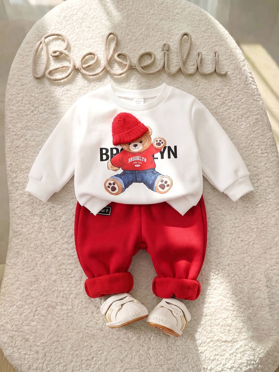 SHEIN 男嬰連帽衫與運動衫套裝 卡通熊圖案套頭衫 3D 熊印花帽子 適合聖誕節穿著 - 紅色 - 查看 1