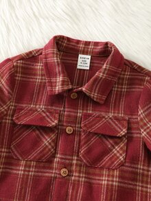 SHEIN 2件組男嬰紅色格紋領長袖襯衫與寬鬆長褲套裝，嬰兒襯衫套裝，紅色格紋套裝，聖誕套裝 - 彩色 - 查看 3