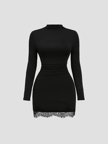 Sweetra Women's Solid Color Long Sleeve Round Neck Fitted Lace Shorts Dress - Black - View 3