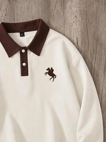 Manfinity Joysei Áo nỉ nam phong cách vintage Mỹ phối màu, logo hiệp sĩ, cổ bẻ, tay dài, phù hợp mặc thường ngày, phong cách đại học, tụ tập bạn bè - Nhiều màu - Xem 3