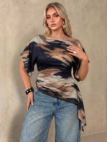 Auralis Plus Size Women's Tie-Dye Pleated Casual Versatile Daily T-Shirt For Spring And Autumn - Multicolor - View 3