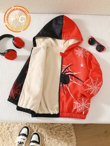 SHEIN Young Boy Casual Street Style Spider Web Spider Print Hooded Open Front Long Sleeve Jacket, Red And Black, Suitable For Commuting, School, Outings, Sports, Spring, Summer, Autumn, Winter, Halloween - Multicolor - View 3
