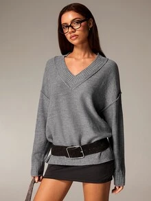 Athîral Women's Solid Color V-Neck Long Sleeve Loose Fit Fashion Versatile Sweater - Grey - View 3