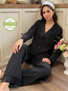 Snug Reverie Women's 100% Pure Cotton Black Open Front Pajama Set, Minimalist Fresh Lace Trim Loungewear Set - Black - View 4