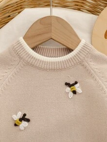SHEIN 女嬰 2 件套毛衣套裝，圓領套頭上衣搭配手工刺繡蜜蜂設計，工藝精湛，精緻 + 針織寬腿褲，舒適柔軟，黃色蜜蜂，甜美休閒優雅淑女風，極簡日常穿著，適合秋冬旅行出遊派對戶外 - 駝色 - 查看 5