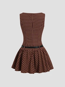 Sweetra Women's New Fashion Versatile Ruched Sleeveless Round Neck Back Zipper Dress Skirt Waist Knot Belt Plaid Mini Dress - Burgundy - View 2